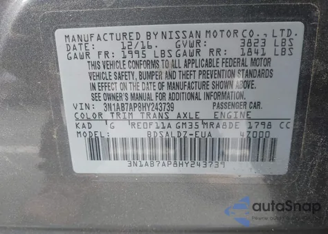 2017 Nissan Sentra Sv из США, поврежденный, VIN 3N1AB7AP8HY243739